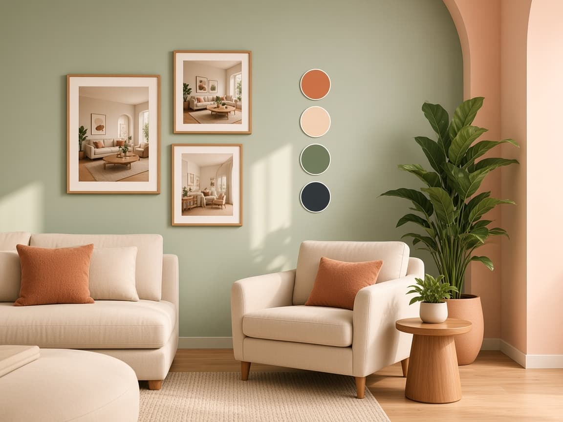 A sage-green living room presentation with framed interiors and coordinated colour swatches