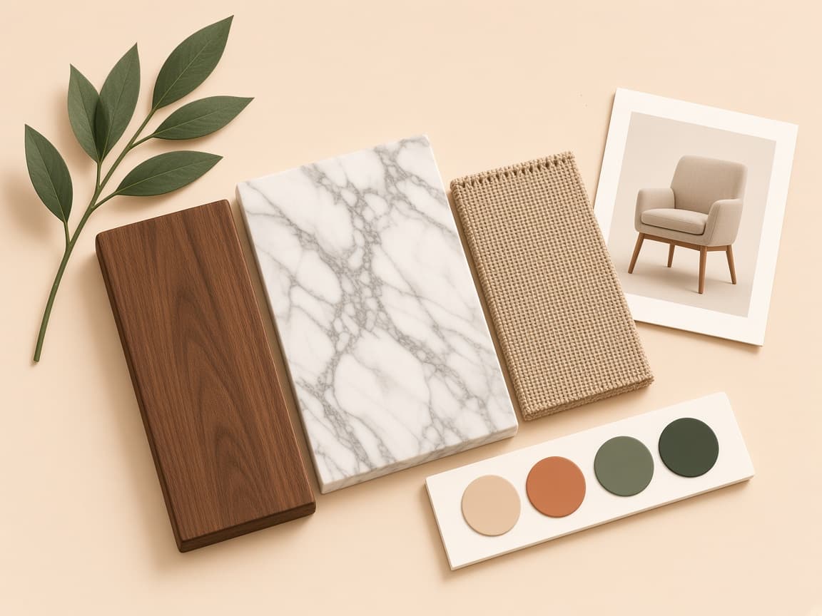 Dark wood, white marble, woven fabric, and a coordinated colour palette arranged as a material mood board