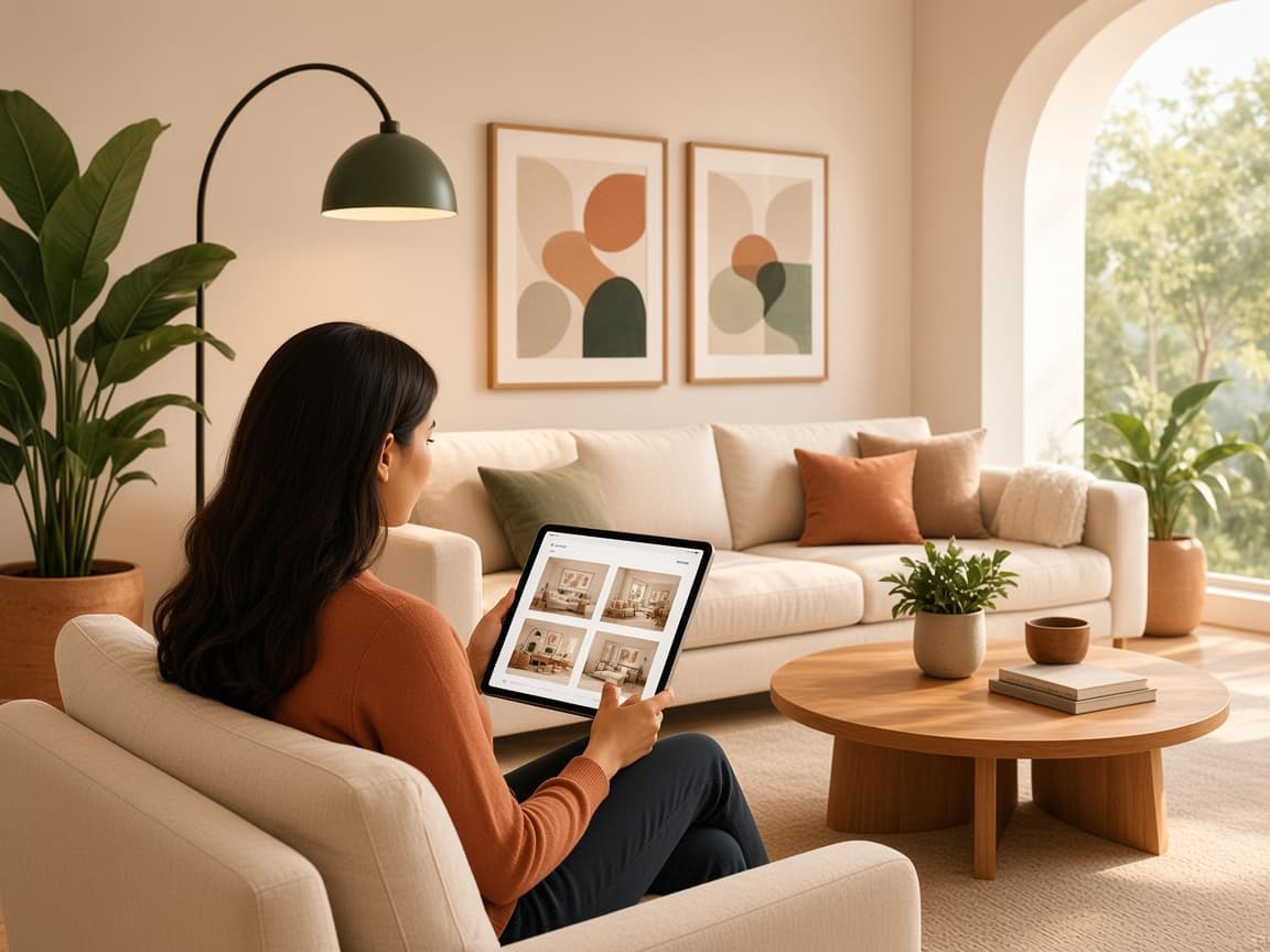 A person reviewing interior choices on a tablet in a sunlit living room