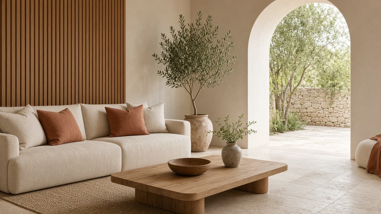 Sunlit living room with wood slats and an arched opening